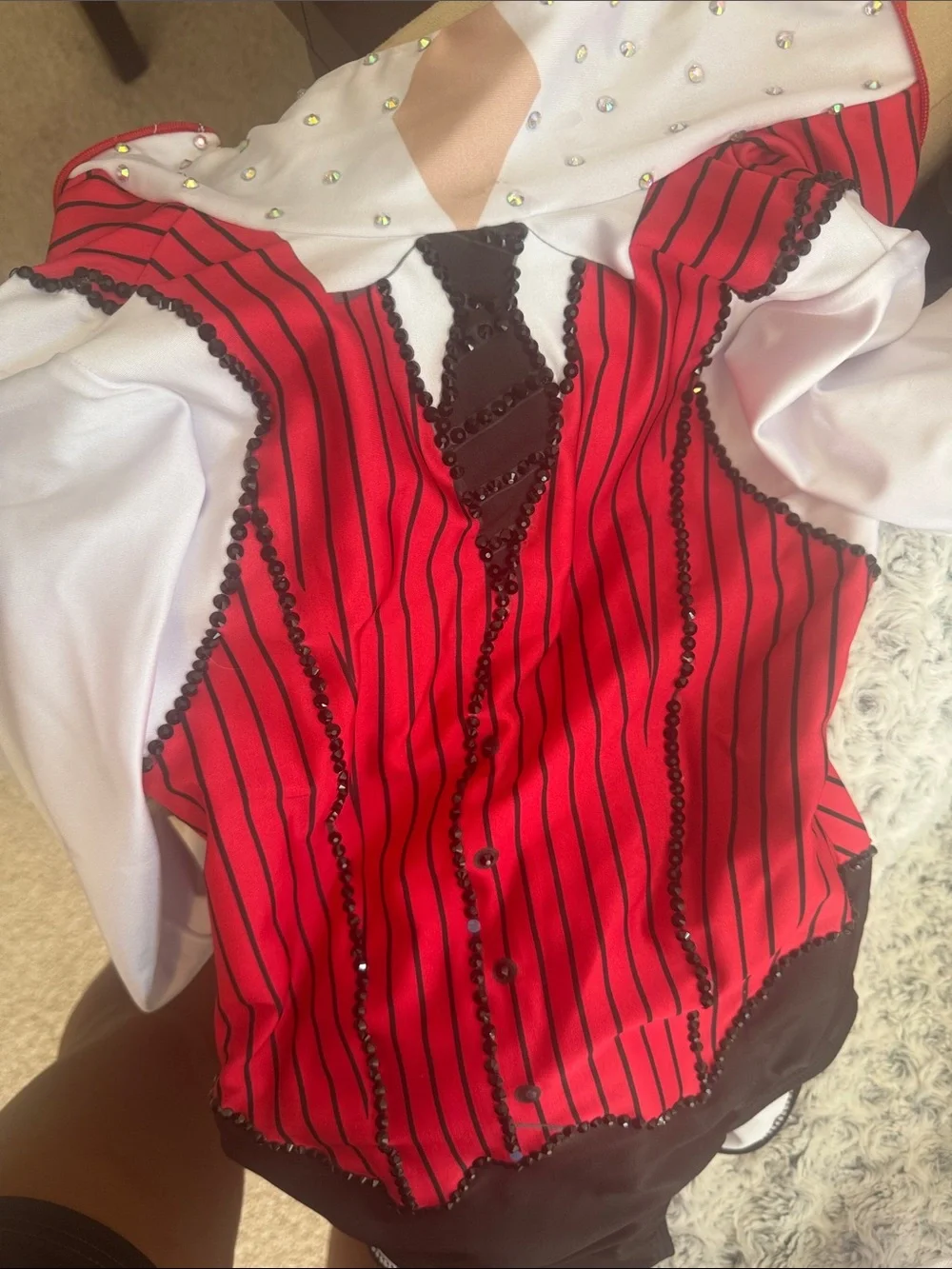Girls Red Pinstripe Dance Costume with Black Tie Accent
